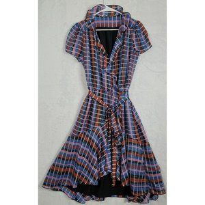 WAYF Women's Blue Sutton Metallic Check Print Ruffled Wrap Dress Size Medium